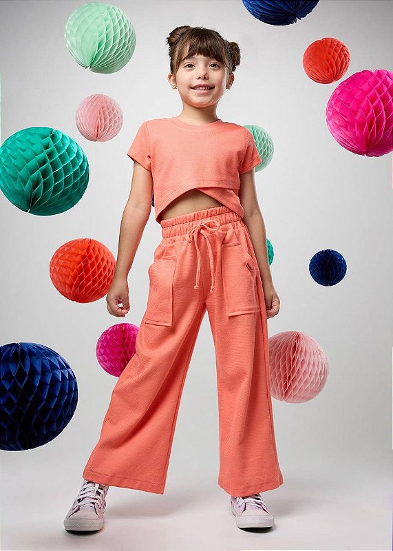 Conjunto Calça E Top Malha Tricô Laranja Kids