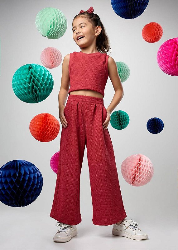 Conjunto Calça E Top Malha Tricô Vermelho Kids