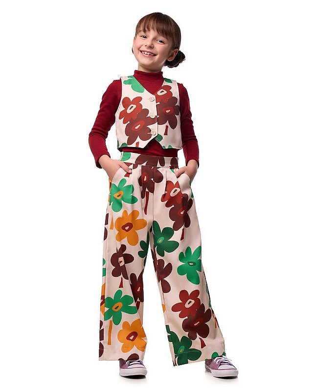 Calça E Colete Sarja Margaridas Verdes