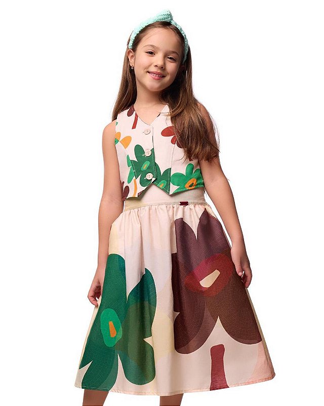 Saia Em Tricoline E Colete Em Sarja Margaridas Laranja