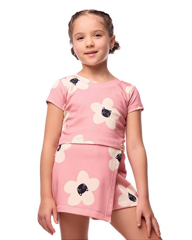 Conj. Shorts Saia Moletom E Top Suedine Cara De Gato Kids