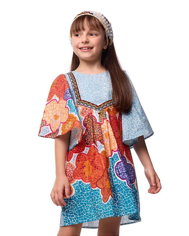 Vestido Curto Mosaico Jardim Com Mangas