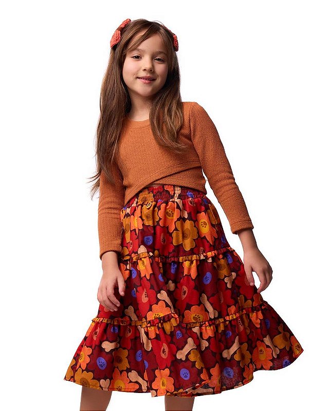 Conjunto Top E Saia Caramelo No Jardim M/l