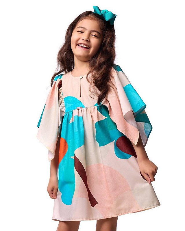 Vestido Mosaico Maxi Flor Turquesa Mangas Borboletas Kids
