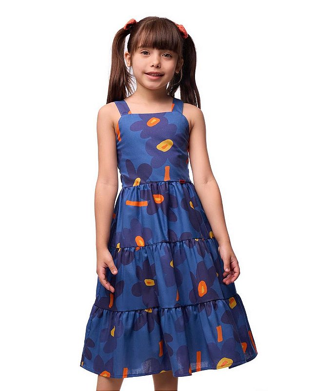 Vestido Tricoline Alças Margaridas Azuis Kids