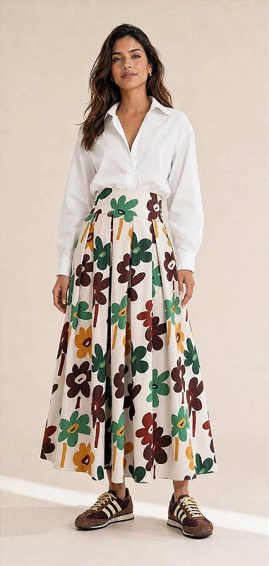 Saia Longa Sarja Floral Verde