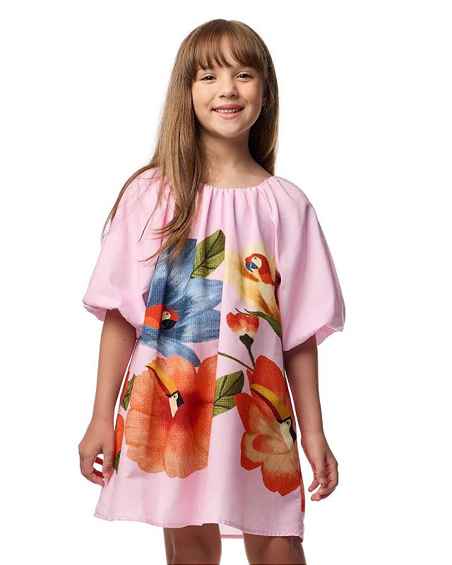 Vestido Mangas Jardim Rosa Kids