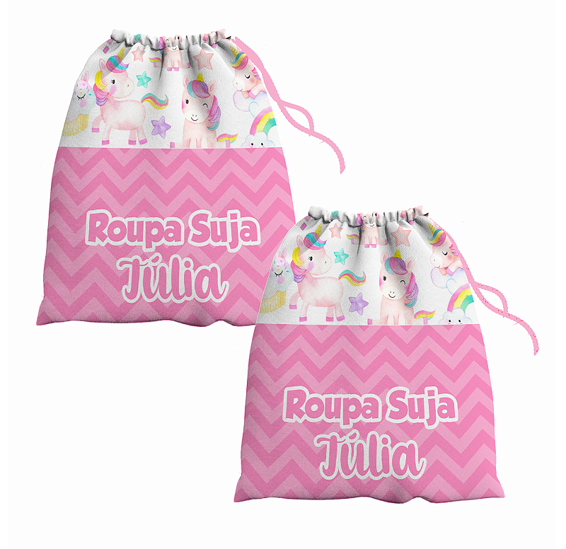 Kit Saco de Roupa Suja e Roupa Limpa com nome tema Unicórnio 30x40