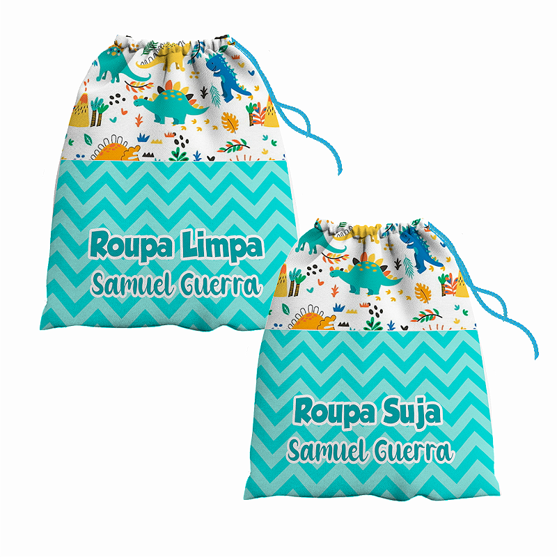 Kit Saco de Roupa Suja e Roupa Limpa com nome tema Dinossauro Baby 30x40