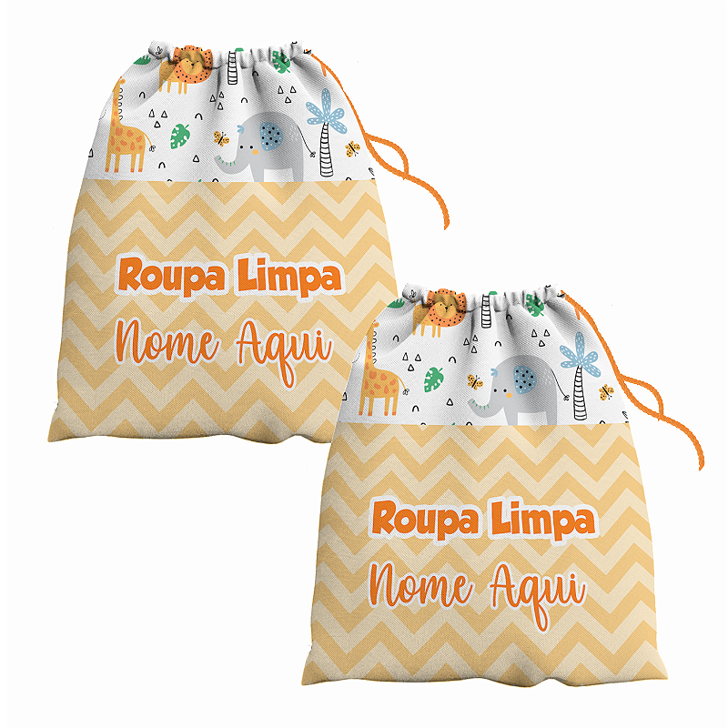 Kit Saco de Roupa Suja e Roupa Limpa com nome tema Safari 30x40