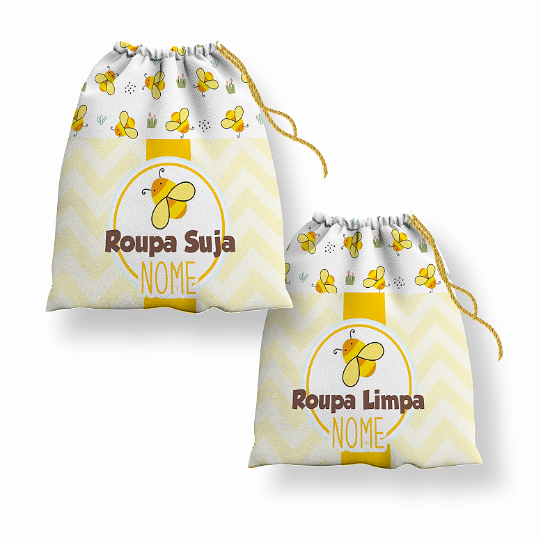 Kit Saco de Roupa Suja e Roupa Limpa com nome tema Abelhinha 30x40