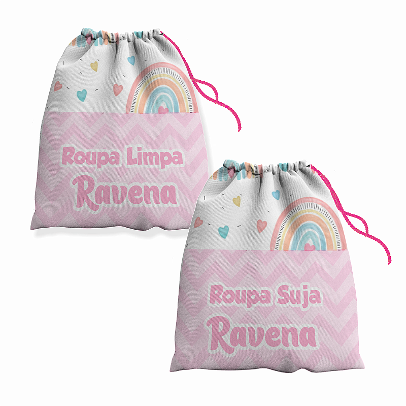 Kit Saco de Roupa Suja e Roupa Limpa com nome tema Arco Iris 30x40