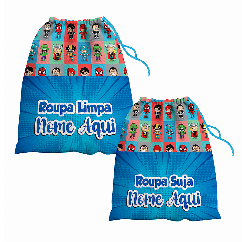 Kit Saco de Roupa Suja e Roupa Limpa com nome tema Herois 30x40