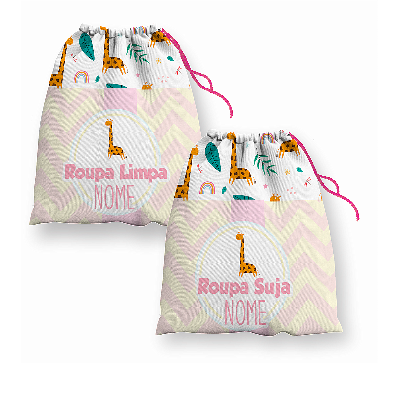 Kit Saco de Roupa Suja e Roupa Limpa com nome tema Girafa Girafinha Rosa 30x40