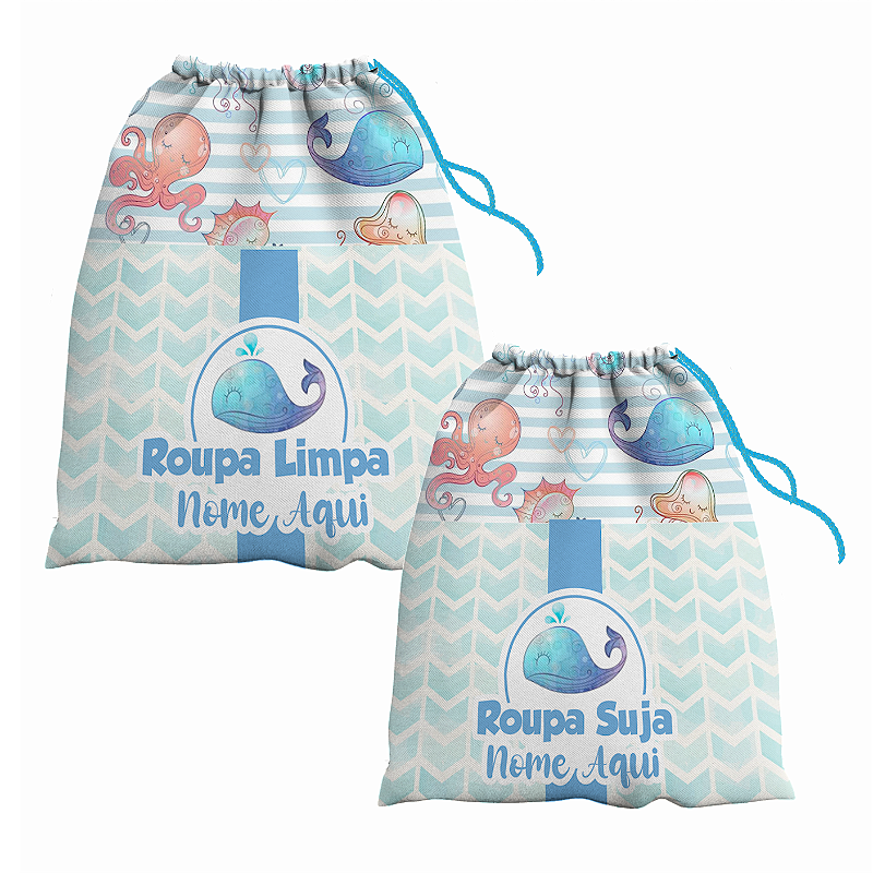 Kit Saco de Roupa Suja e Roupa Limpa com nome tema Fundo do Mar 30x40