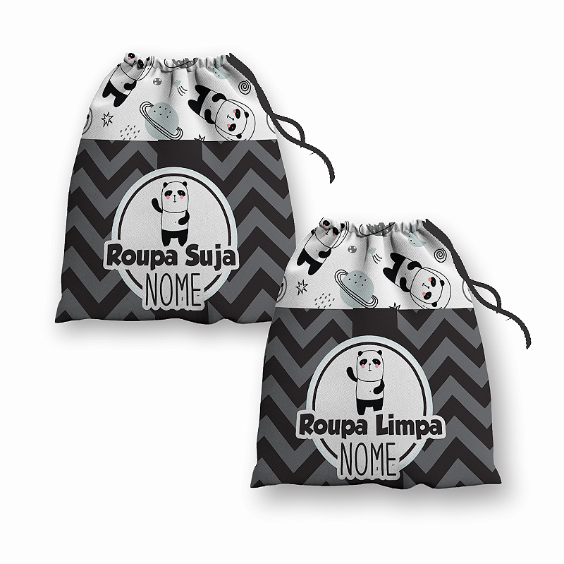 Kit Saco de Roupa Suja e Roupa Limpa com nome tema Panda 30x40