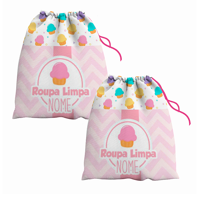 Kit Saco de Roupa Suja e Roupa Limpa com nome tema Sorvete 30x40
