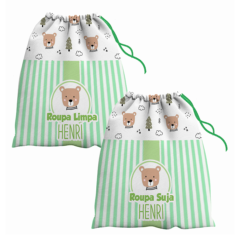 Kit Saco de Roupa Suja e Roupa Limpa com nome tema Urso 30x40