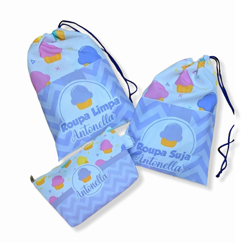 Kit Saco de Roupa Suja e Roupa Limpa + Necessaire para creche/escola com nome