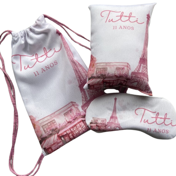 Lembrancinha Paris Kit Completo Almofada Mochilinha Tapa Olho