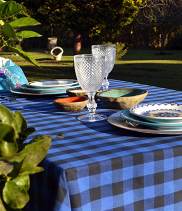 Toalha de mesa xadrez azul e branco - Branco Casa