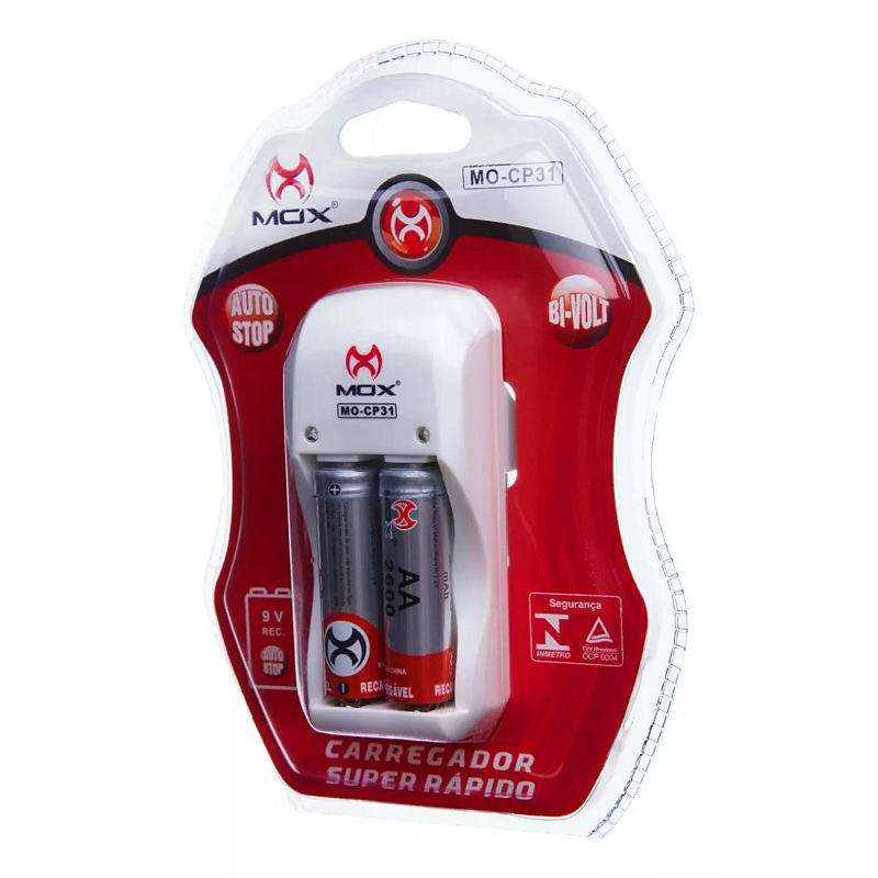 Kit 2 pilhas AA 2600 mah + Carregador Auto Stop Mox - atacadãodaspilhas