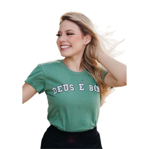 Camiseta Feminina Baby Look Verde - Deus é bom