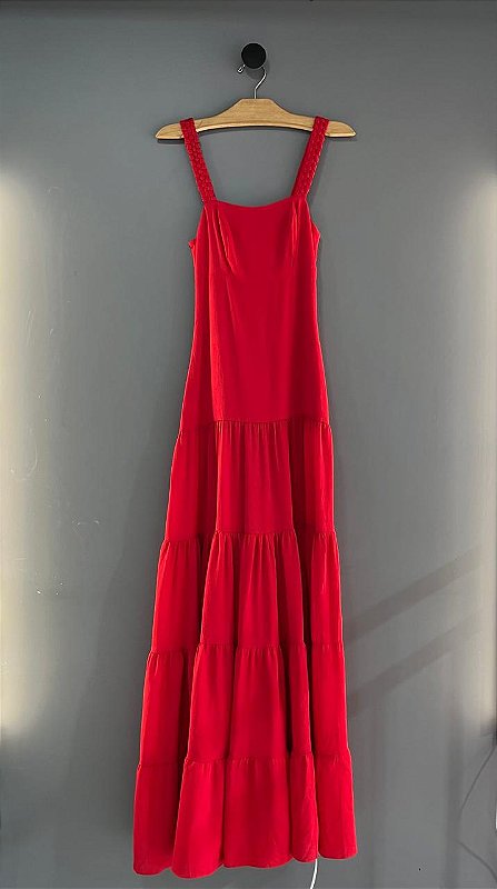 Vestido Longo Camadas Vermelho Alça Trançada