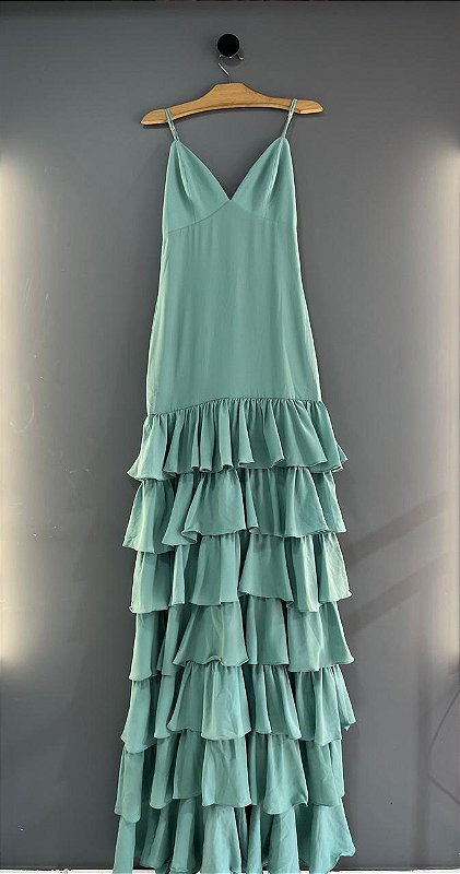Vestido Longo Babados Verde Água