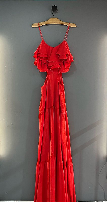 Vestido Longo Vermelho Alças Finas Babados
