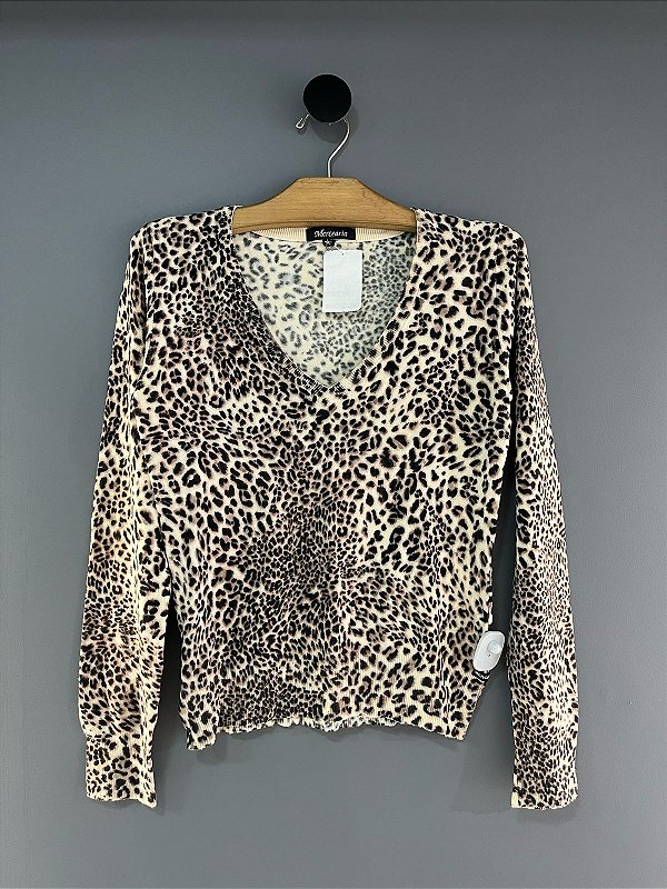 Blusa Manga Longa Tricot Onça Decote V