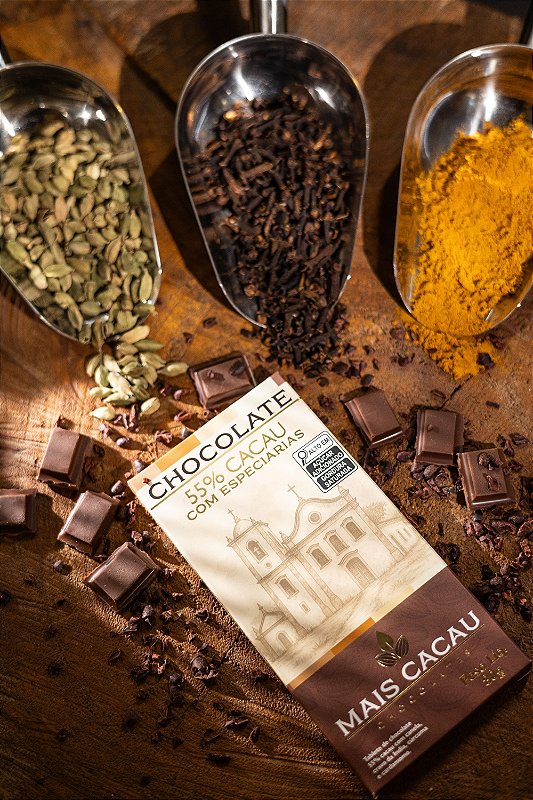 Chocolate 55% cacau com especiarias.