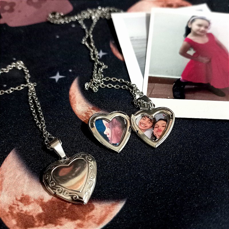 Relicario Coração Prateado Aço inoxidável