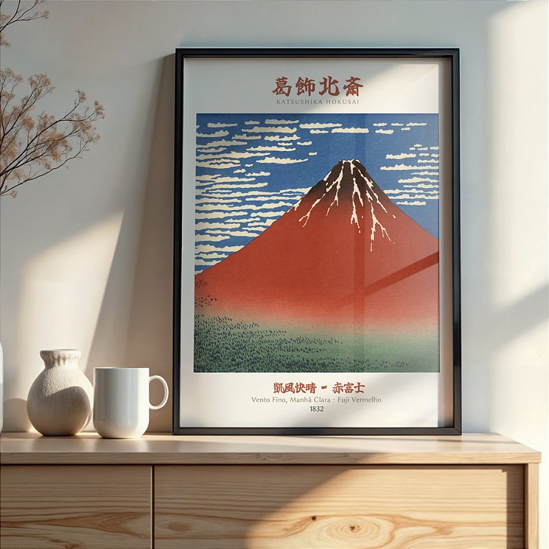 Quadro Fuji Vermelho Vento Fino, Manhã Clara Hokusai