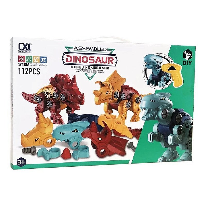 Brinquedo Blocos de Montar 04 Dinossauros com Ferramenta - 112 peças - Steam Toy