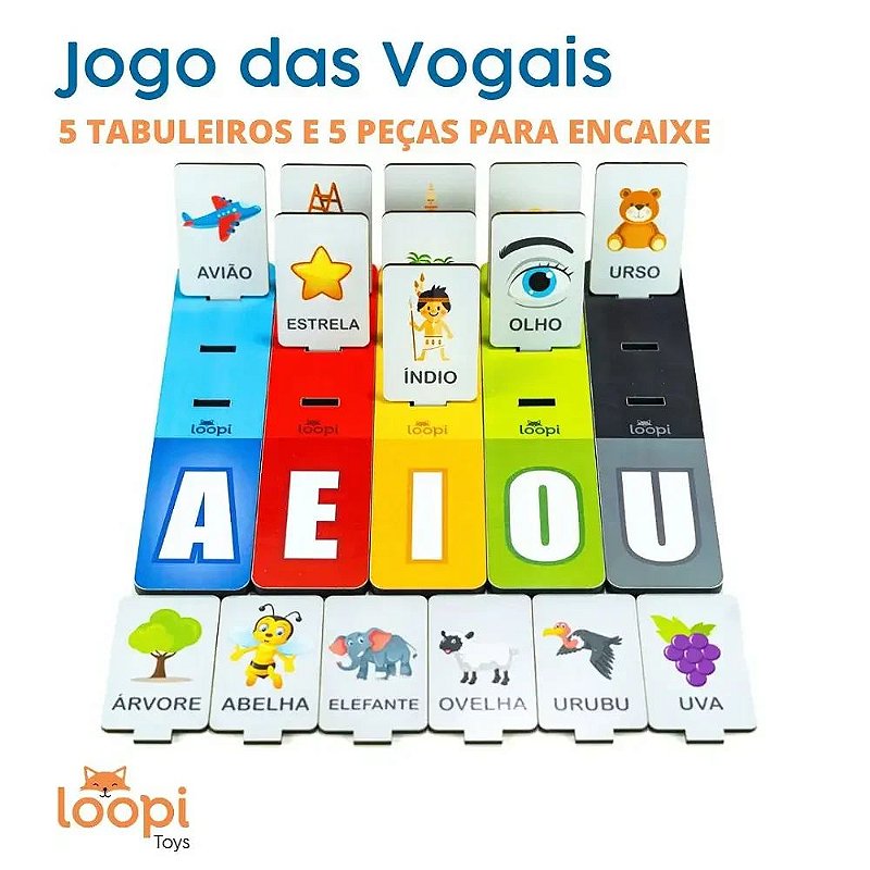 Jogo das Vogais - 15 peças com Desenhos e Nomes para Alfabetização - Loopi  Toys - Casa do Brinquedo® Melhores Preços e Entrega Rápida