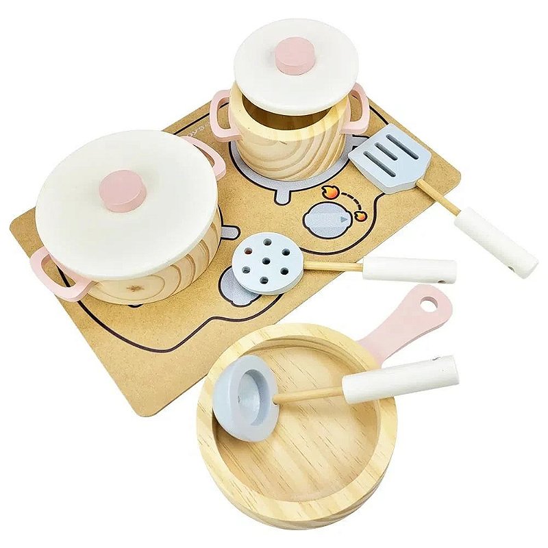 Kit Panelas Infantil Fogão Cooktop de Brinquedo Madeira Rosa NewArt Toys
