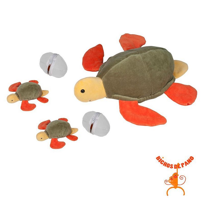 Tartaruga Casco Verde Grávida de Pelúcia com 2 Filhotes - Coleção Bichos Grávidos - Bichos de Pano