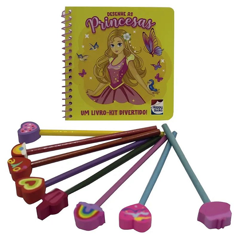 Kit Livro de Desenho Infantil com Princesas - Inclui Lápis de Cor e Acessórios - Happy Books