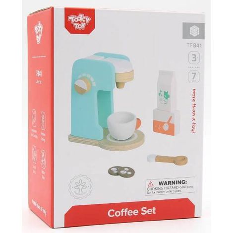 Cafeteira de Brinquedo de madeira com Xícara, Colher, Leite, Açúcar e Biscoitos