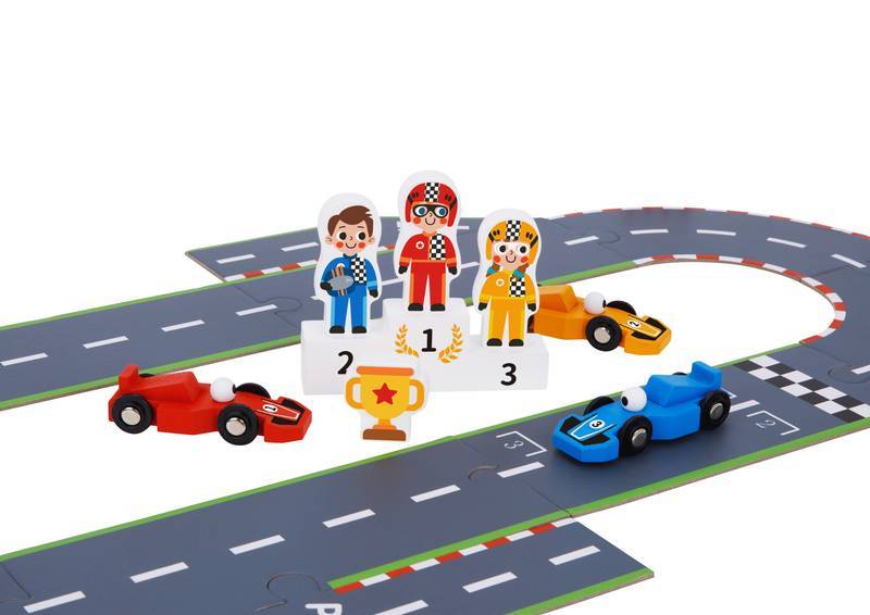 Jogo de Corrida com Pista de Madeira e Carrinhos de Fórmula 1 - Tooky Toy