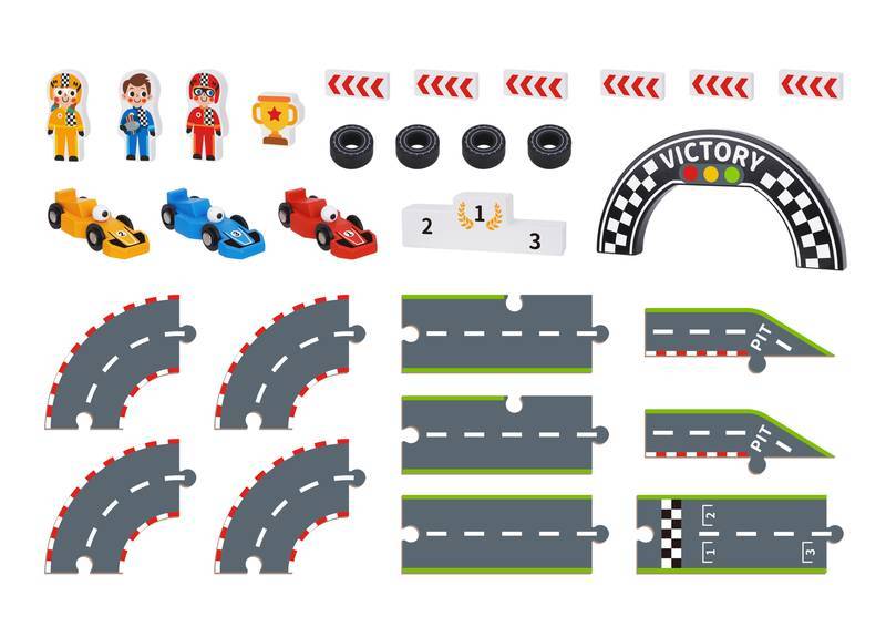 Jogo de Corrida com Pista de Madeira e Carrinhos de Fórmula 1 - Tooky Toy