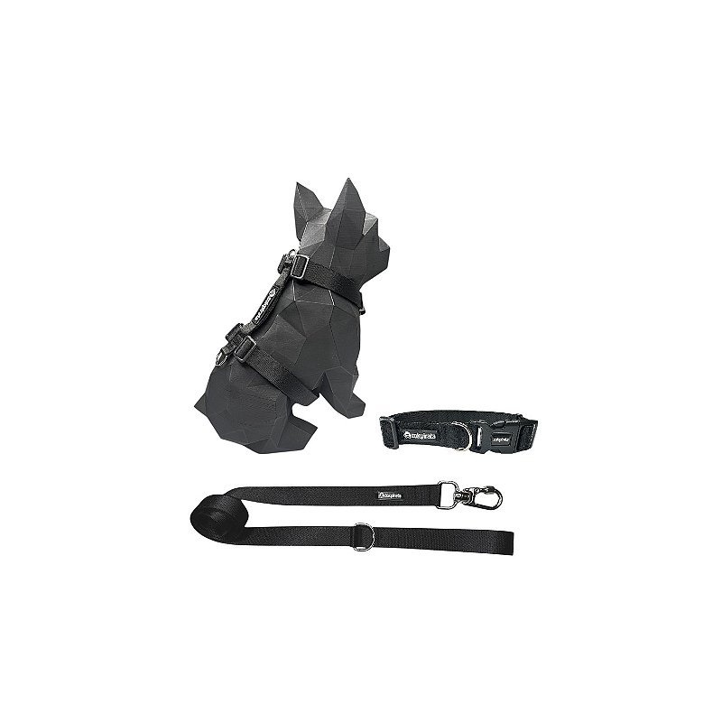 Kit Peitoral H antipuxão para cachorros com Coleira e Guia Preto