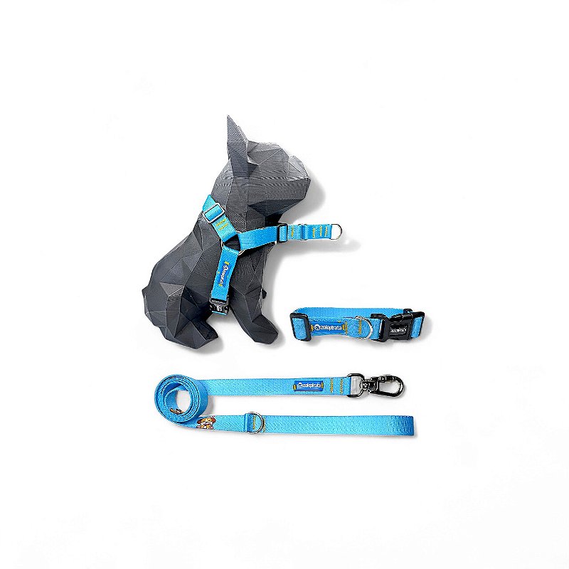 Kit Peitoral Y Antipuxão para cachorros com Coleira e Guia Celeste