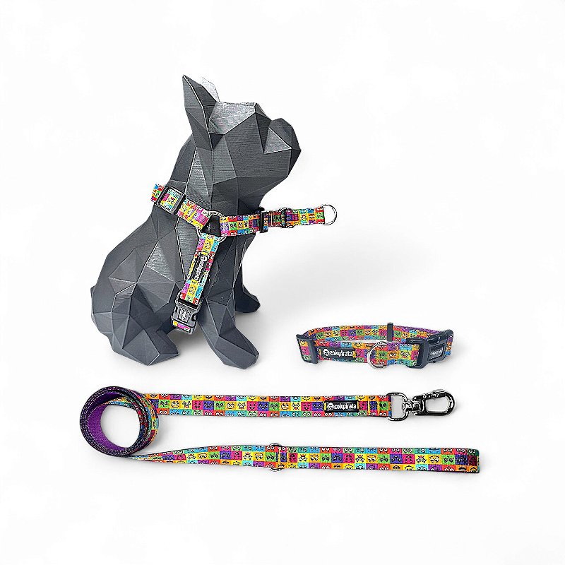 Kit Peitoral Y Antipuxão para cachorros com Coleira e Guia Emoji