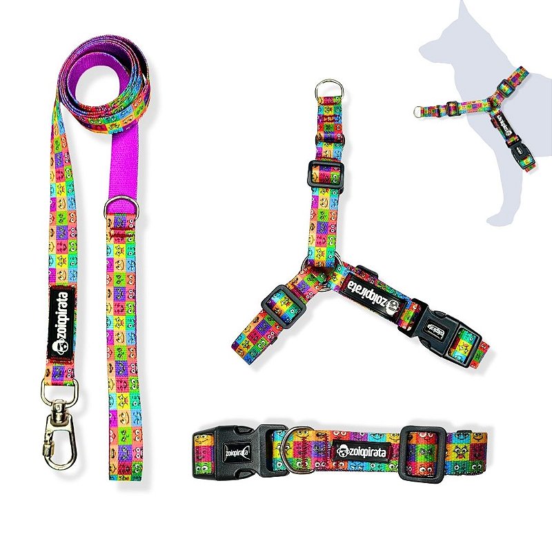 Kit Peitoral Y Antipuxão para cachorros com Coleira e Guia Emoji