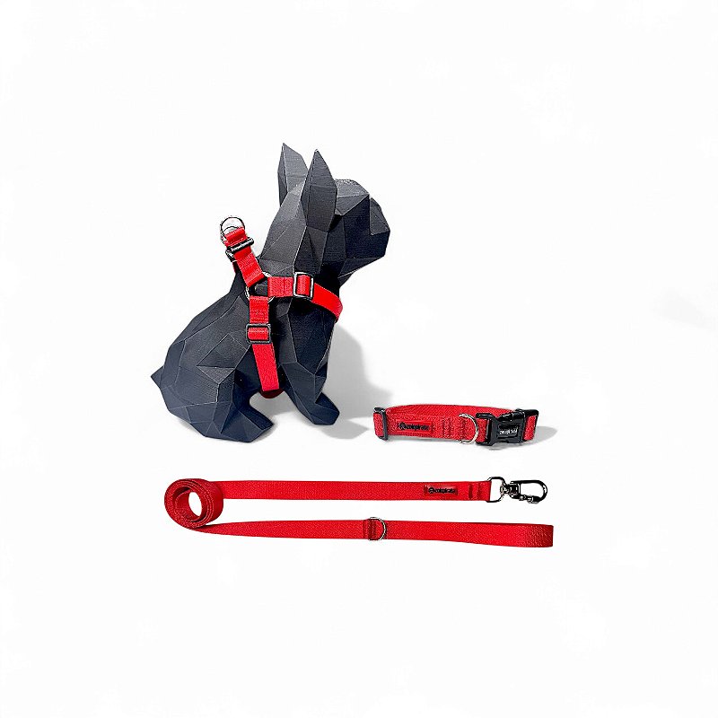 Kit Peitoral Americano para cachorros com Coleira e Guia Vermelho