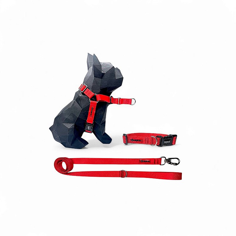 Kit Peitoral Y Antipuxão para cachorros com Coleira e Guia Vermelho