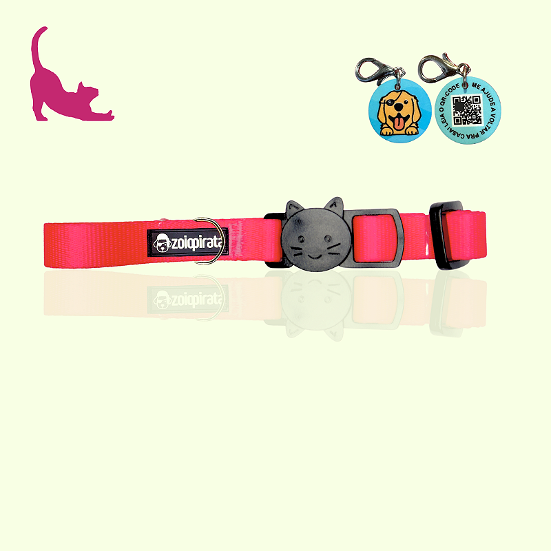 Coleira para Gatos com Tag QR Code Breakaway Anti-Enforcamento Neon Rosa