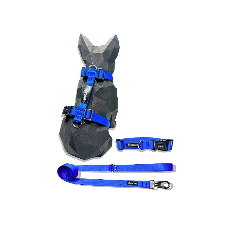 Kit Peitoral H antipuxão para cachorros com Coleira e Guia Azul Royal